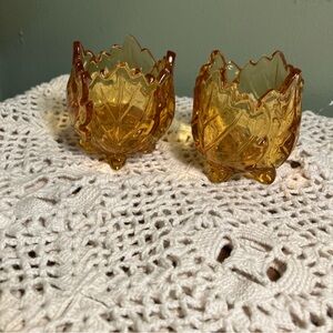 Vintage PartyLite Amber/Orange Candle Holders Leaf Shaped Votive